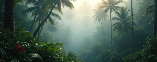 Naklejka premium Dense green jungle with tall palm trees shrouded in morning fog. Rich vegetation, red flowers create mysterious, humid atmosphere. Tropical forest landscape with soft hazy sunlight filtering through.