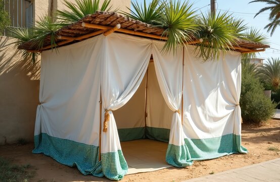 White sukkah decorated with green plants stands on dusty ground near trees and building. Traditional hut for Jewish holiday Sukkot has bamboo roof and fabric walls with checkered base.