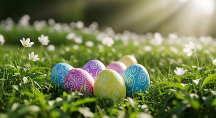 Easter day celebration with colorful eggs in a field of flowers