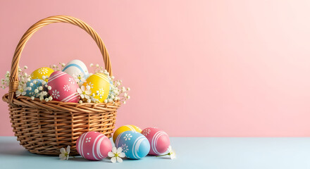Easter day celebration with colorful eggs in a basket