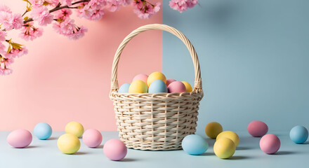 Easter day celebration with colorful eggs and basket