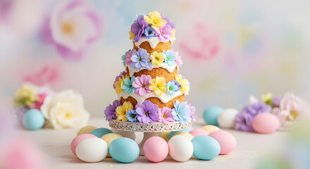 Easter day celebration with colorful cake and eggs