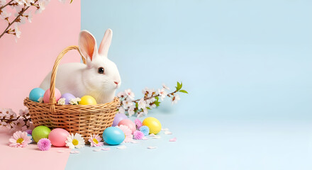 Easter day celebration with bunny and colorful eggs in basket