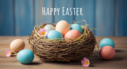 Happy easter day celebration with colorful eggs in a nest