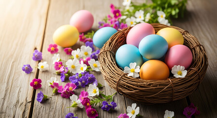 Easter day celebration with colorful eggs and flowers