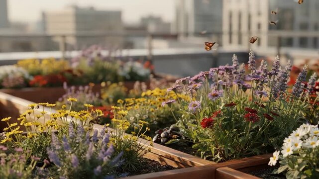 Focused view on structured wooden planters filled with colorful native plants pollinators buzzing rooftop garden oasis with an urban cityscape softly out of focus.