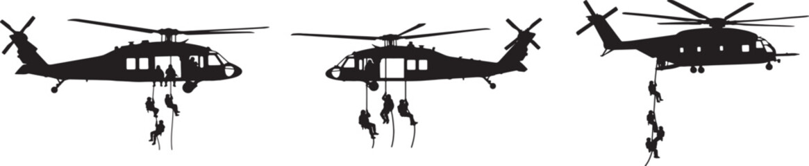 Military Helicopter with Soldiers Rappelling Silhouette Vector Sequence.