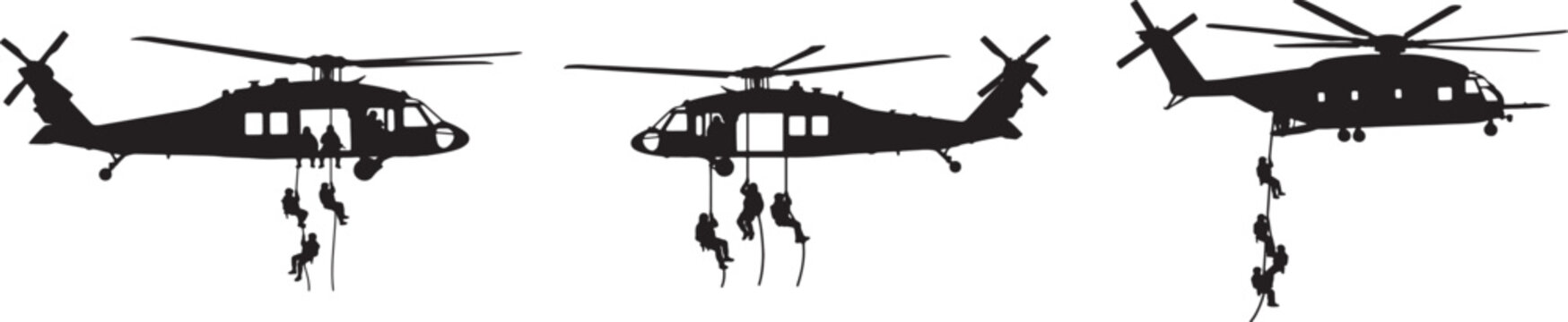 Military Helicopter with Soldiers Rappelling Silhouette Vector Sequence.