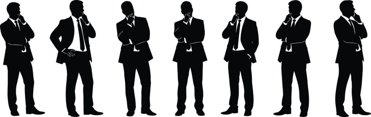 Thinking Businessman Silhouette Vector Set Featuring Professional Men In Suits In Pensive Poses Brainstorming And Decision Making Isolated On White Background For Corporate Design (25 words)