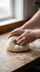 Obraz premium Hands kneading fresh bread dough on a rustic wooden table covered in flour, illustrating homemade baking, traditional preparation, and the artisanal process of making bread from scratch