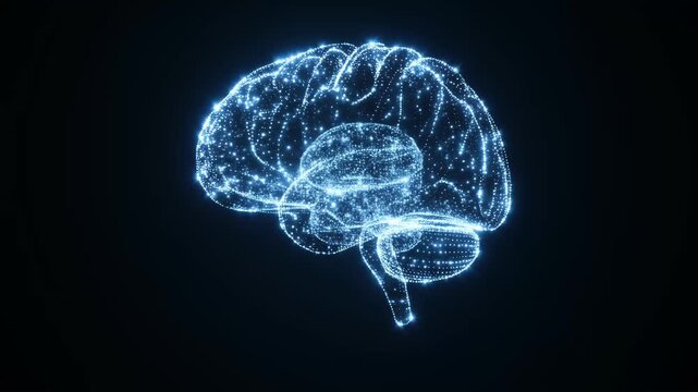 AI brain made of moving light particles neural connections forming animation