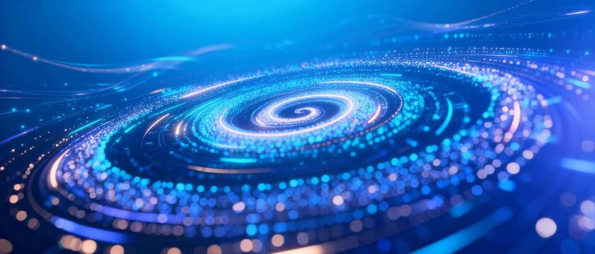 Futuristic Blue Digital Spiral with Glowing Particles and Light Trails in Tech-Inspired Abstract Background