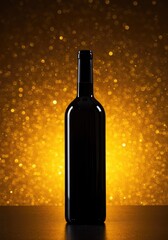 A luxurious presentation of a dark glass wine bottle centered against a shimmering, vibrant golden background, symbolizing wealth and celebration ,shimmer ,metallic ,isolated