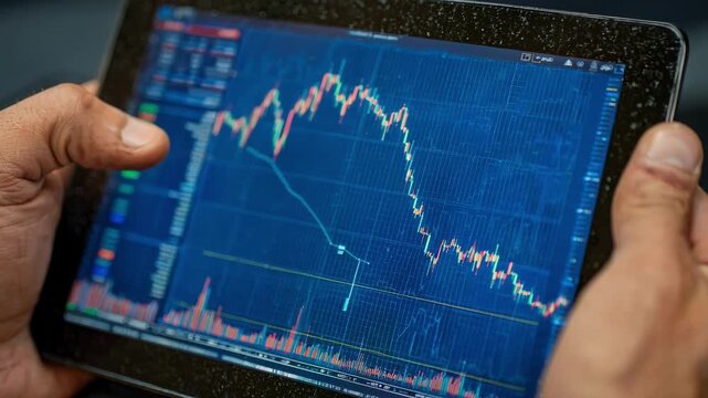 Investor reviewing straddle strategies on a digital tablet preparing to hedge against significant price movements in a fluctuating market.
