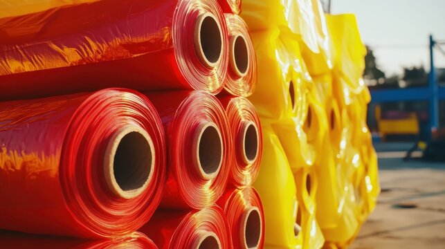 Stacks of bright red and yellow rolls of heavy duty fire resistant tarpaulin material for industrial emergency protection and storage