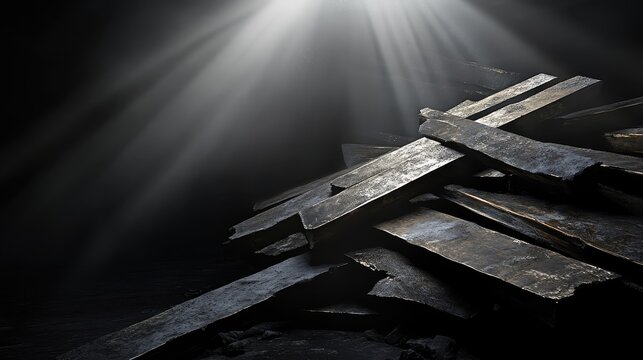 Tarnished brass ingots piled precariously high in dramatic light beams