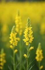 Fototapeta premium Closeup of bright yellow wildflowers blooming in a dense field. Tall green stems hold clusters of small blossoms against a soft green and yellow blur background. Nature is vibrant with summer growth.