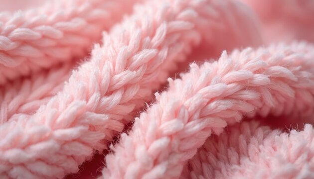 Close up of soft pink chenille fabric with fluffy fibers creating a cozy, textured background. Delicate threads form patterns, ideal for feminine decor or fashion.
