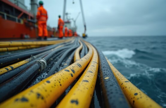 Large thick cables unrolled from ship deck onto ocean surface. Workers in orange vests manage laying undersea fiber optic power lines. Water splashes around industrial equipment on rough sea. Global