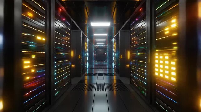 Futuristic server room glowing with LED lights dynamic reflections