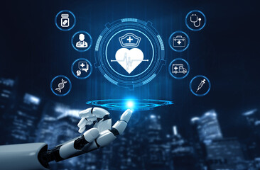 Futuristic Robot Hand with Health Icons and Medical Symbols Representing Advanced Technology in...
