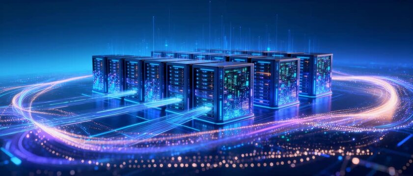 Futuristic Data Center Servers Connected by Glowing Digital Networks and Blue Light Pathways in a Tech-Forward Setting
