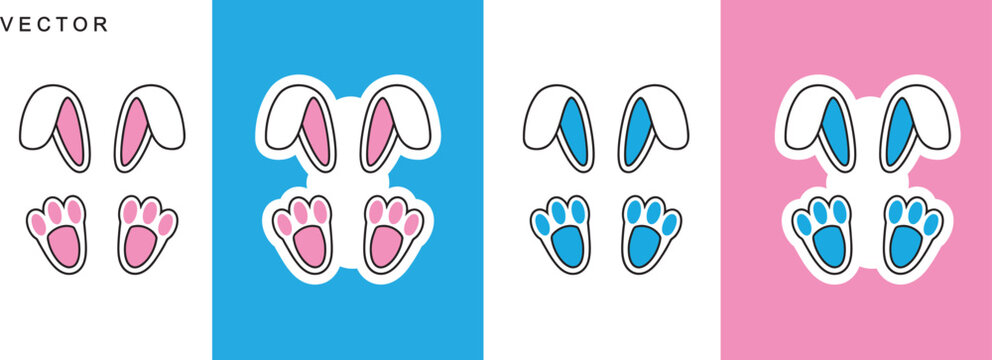 Bunny faces. Rabbit ears and footprint, paws, hole vector illustration on a white background