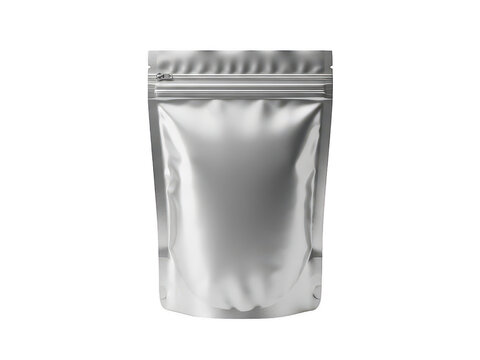 A close-up view of a shiny, reflective, and empty silver pouch bag