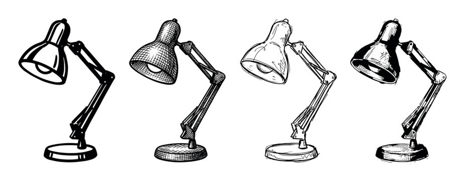Four hand-drawn architect style desk lamps illustrated in a collection of various sketch and doodle techniques with detailed cross-hatching and bold line art