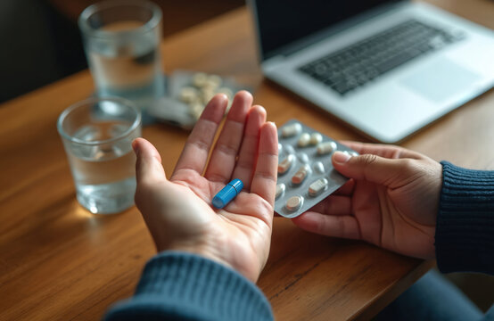 Man holds blue pill in palm, blister pack of pills nearby. Two glasses of water and laptop on wooden desk. Healthcare routine, taking medicine, medical treatment.