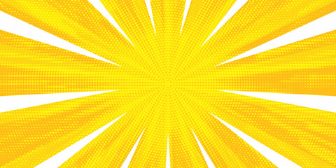 Fototapeta premium Yellow comics background with speed or explosion effect. Comic halftone gradation gradient. Simple polka dots pattern. Dynamic motion in manga. Radial anime speed lines. Zoom effect for books