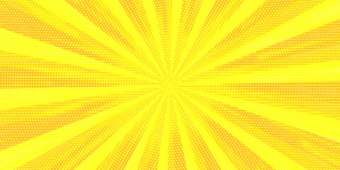 Obraz premium Yellow comics background with speed or explosion effect. Comic halftone gradation gradient. Simple polka dots pattern. Dynamic motion in manga. Radial anime speed lines. Zoom effect for books