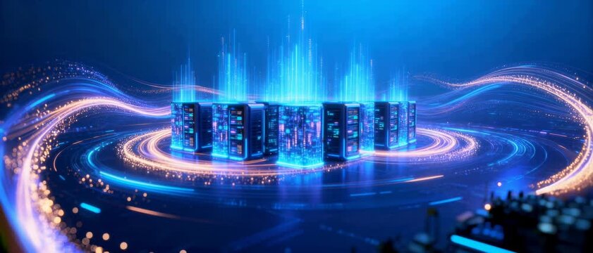 Futuristic Data Center Servers Surrounded by Glowing Digital Energy Waves in a High-Tech Environment