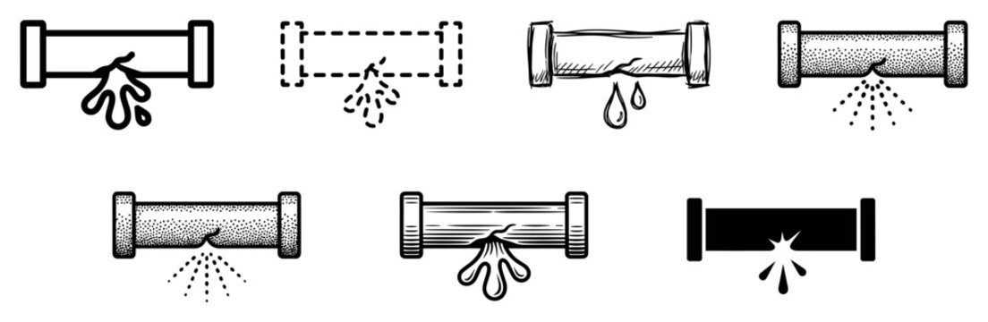 Set of black and white leaking pipe icons showing various styles of damage and water leakage, including line art, sketch, silhouette, and stippling for plumbing concepts