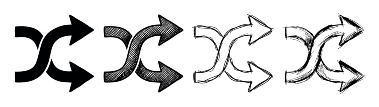 Set of four hand-drawn shuffle icons with crossed arrows, illustrated in various artistic styles from solid black silhouette and textured to a rough sketchy line art