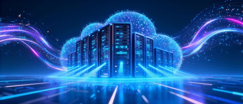 Futuristic Cloud Computing Infrastructure with Glowing Servers and Digital Network Connections in Blue Neon Light