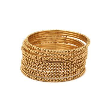 Elegant gold bangles stacked together showcasing intricate designs and traditional craftsmanship in a beautiful jewelry set for women.