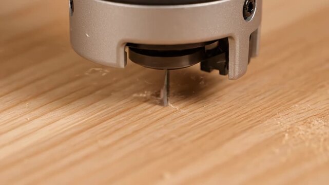A CNC router bit precisely drills into a light wooden surface. Sawdust flies as the machine creates a perfect hole.