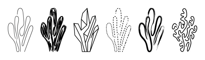 Obraz premium Collection of six abstract black seaweed illustrations rendered in diverse graphic styles like simple line art, geometric facets, hand-drawn sketch, and textured brush strokes
