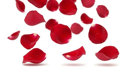 Fototapeta premium Red rose petals falling cut out isolated on white background With shadow. AI GENERATED. 