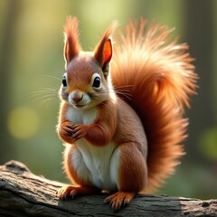 Fototapeta premium Red squirrel with fluffy tail sits on tree branch. Small mammal with large dark eyes looks curious. Animal rests in sunlit forest during day.