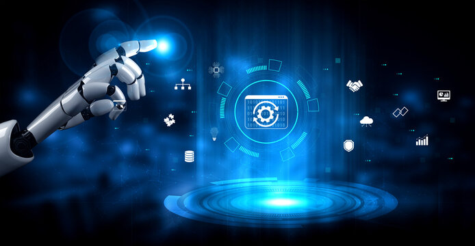 Futuristic Robotic Hand Interacting with Digital Interface Representing Technology and Automation Concepts Displaying Charts and Icons Quark.