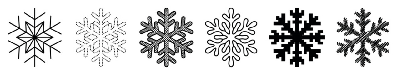 Naklejka premium Set of six black snowflake icons in a row showcases various design styles including geometric, pixelated, dotted, hand-drawn, curvy, and crosshatch patterns for winter themes