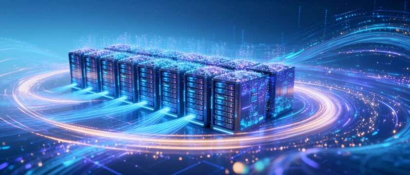Advanced Data Center Server Cluster with Glowing Digital Network Pathways and Futuristic Tech Infrastructure Background