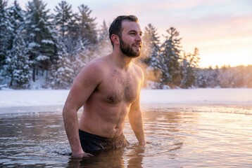 A man emerges from ice-cold water with steam rising, a testament to his mental and physical fortitude