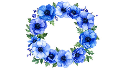 Watercolor wreath of blue anemone flowers with dark centers, green leaves