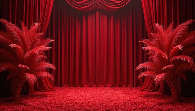 Red velvet stage draped with curtains and adorned with feather plants. A plush red carpet covers the floor creating an opulent and theatrical setting for a glamorous event.