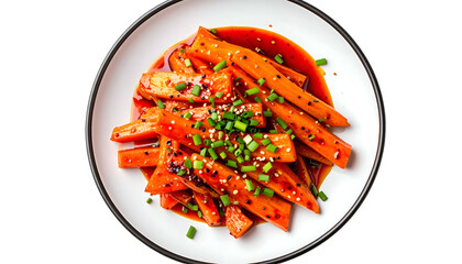 A plate of carrot sticks drenched in red sauce, sprinkled with seeds and chopped green herbs
