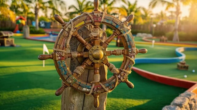 Vibrant piratethemed minigolf obstacle with a detailed weathered ship wheel in sharp focus against a blurred tropical putting green backdrop.