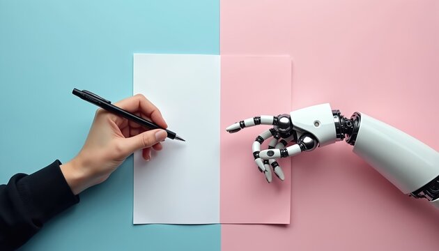 Human hand holds pen writing on blank paper. Robot arm points at empty page. Contrast between human and artificial intelligence creation on split background.